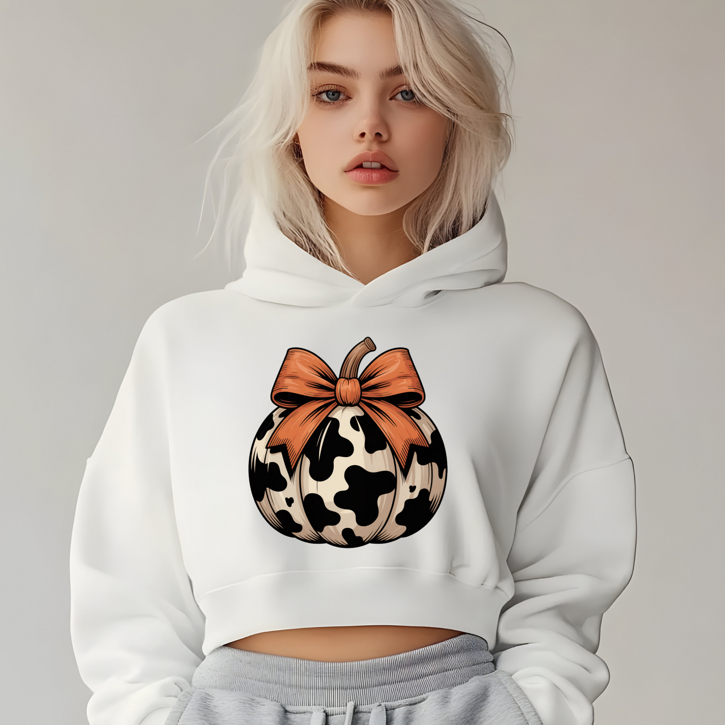 Cow Print Pumpkin Cropped Hoodie | Fall Cozy Sweatshirt | Trendy Autumn Outfit