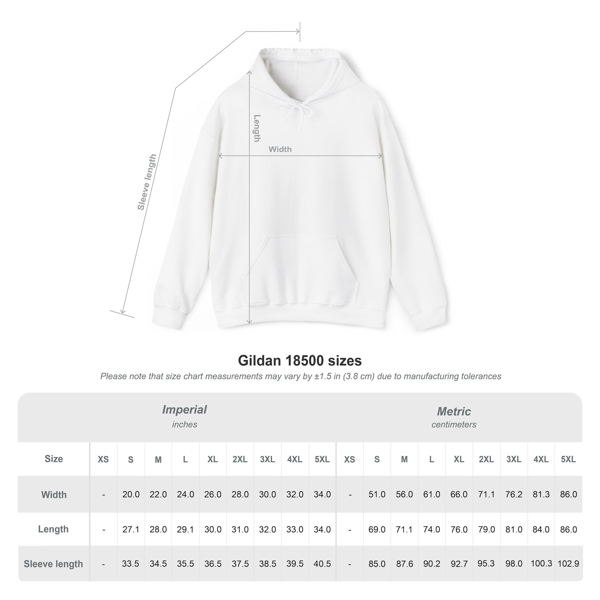 Gildan 18500 size chart showing hoodie width, length, and sleeve measurements in inches and centimeters.
