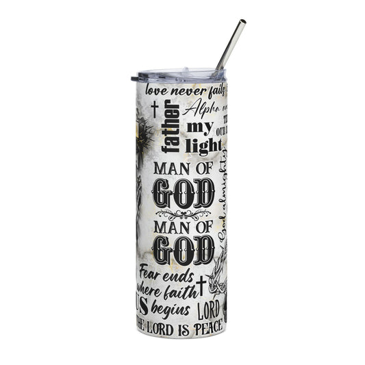 Man of God 20 oz tumbler with Christian faith design on white background