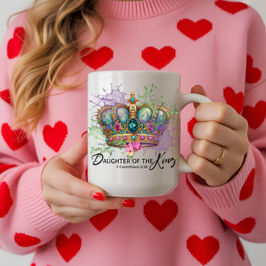 Woman holding personalized Daughter of the King Christian mug with faith crown design, white ceramic coffee cup