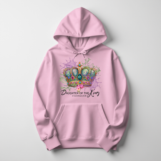 Light pink Daughter of the King hoodie with crown artwork and faith-based message on cozy pullover