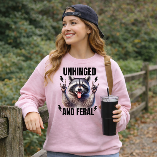 Unhinged and Feral Crewneck Sweatshirt – Funny Raccoon Graphic Pullover