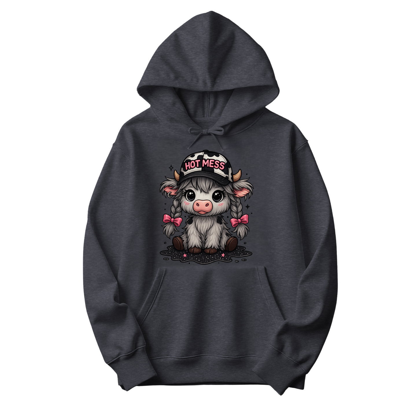 Dark heather hoodie with Hot Mess cow design, pink bows, braids, and cow-print hat, The Spotted Heifer.