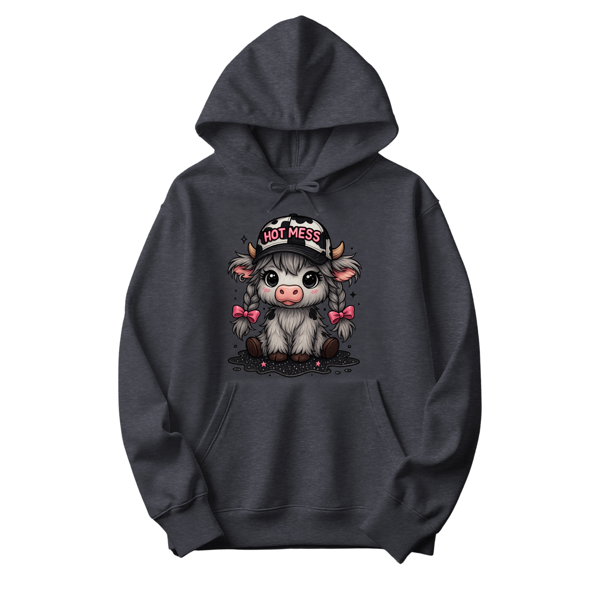 Dark heather hoodie with Hot Mess cow design, pink bows, braids, and cow-print hat, The Spotted Heifer.