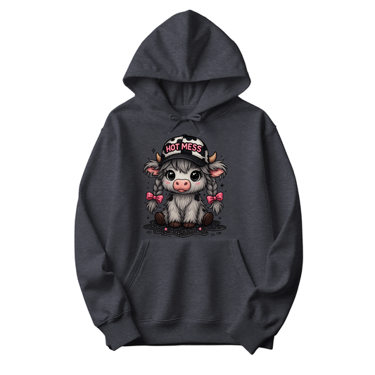 Dark heather hoodie with Hot Mess cow design, pink bows, braids, and cow-print hat, The Spotted Heifer.