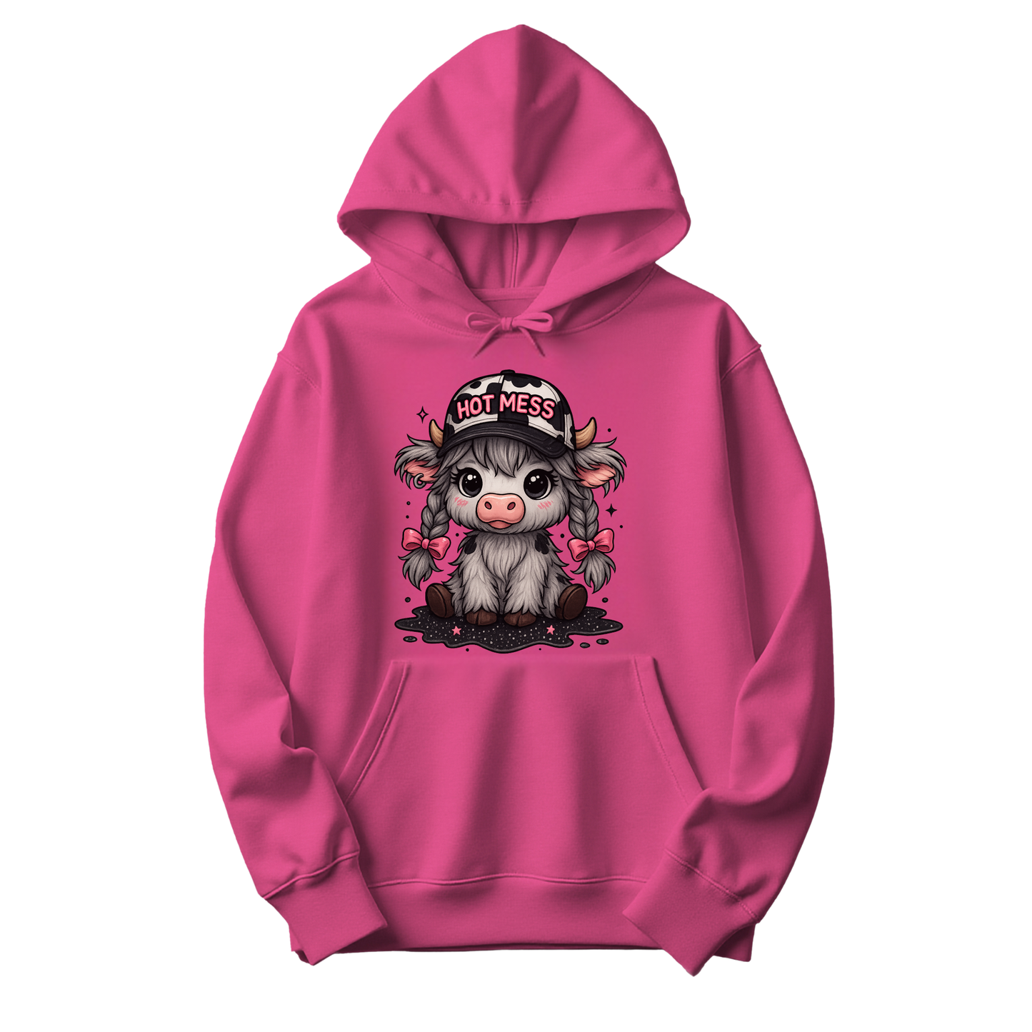 Heliconia pink hoodie featuring Hot Mess cow design with pink bows, braids, and cow-print hat, The Spotted Heifer.