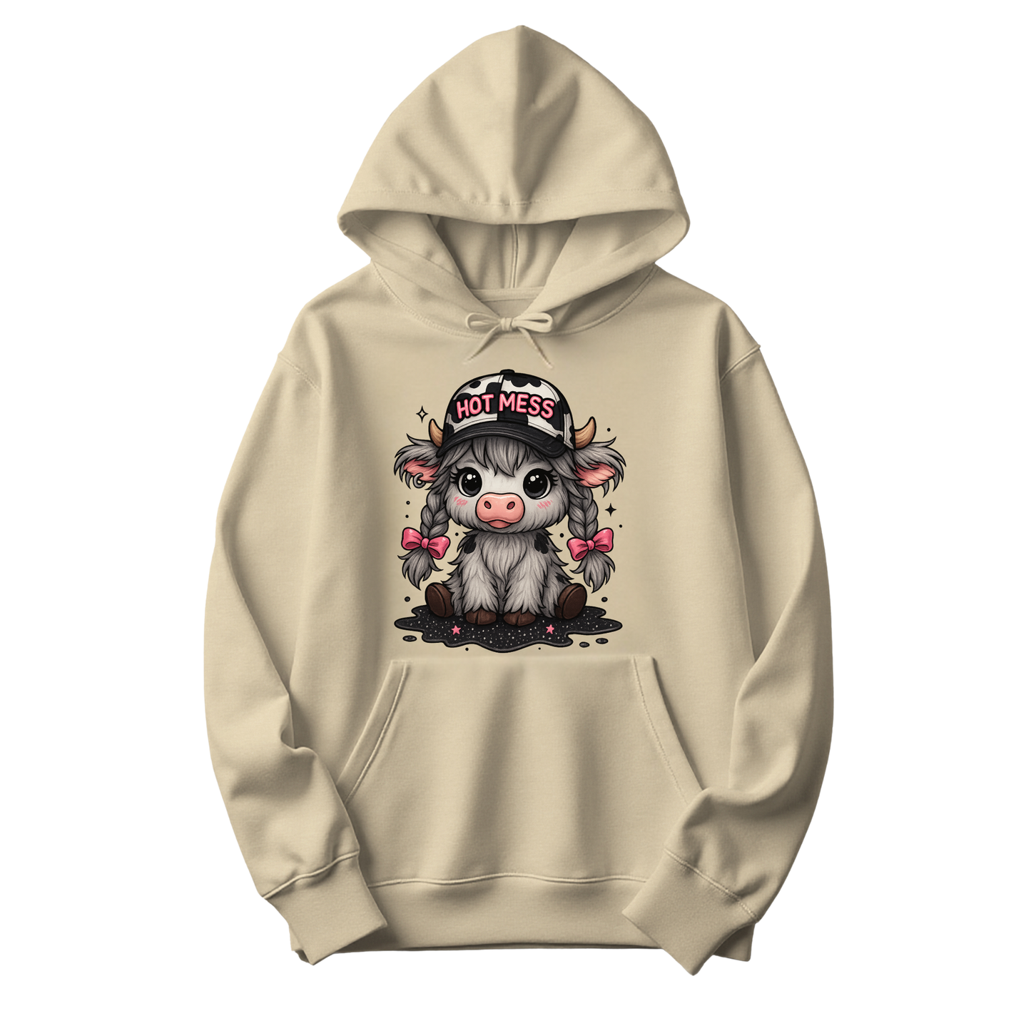 Sand hoodie with Hot Mess cow design, pink bows, braids, and cow-print hat, The Spotted Heifer.