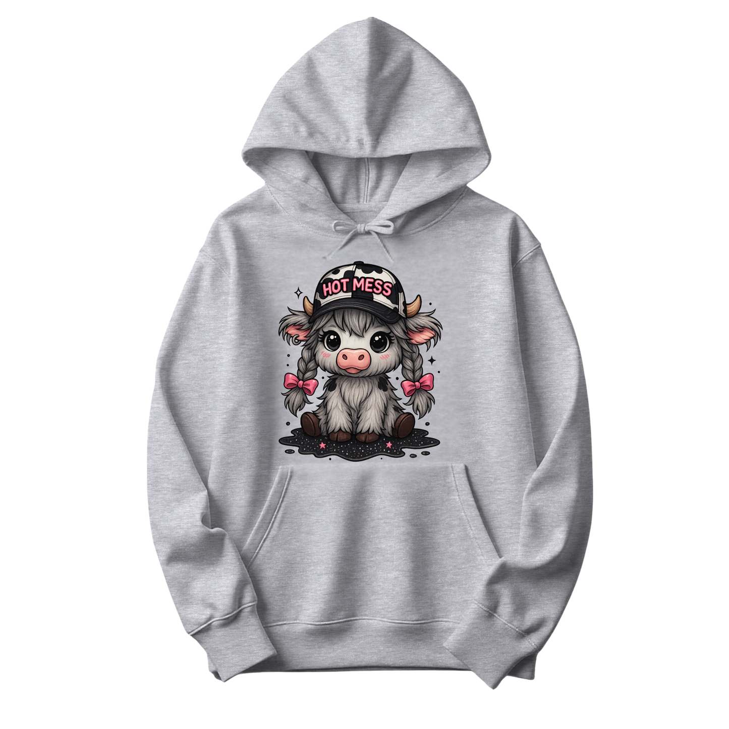 Sport grey hoodie featuring Hot Mess cow design with pink bows, braids, and cow-print hat, The Spotted Heifer.