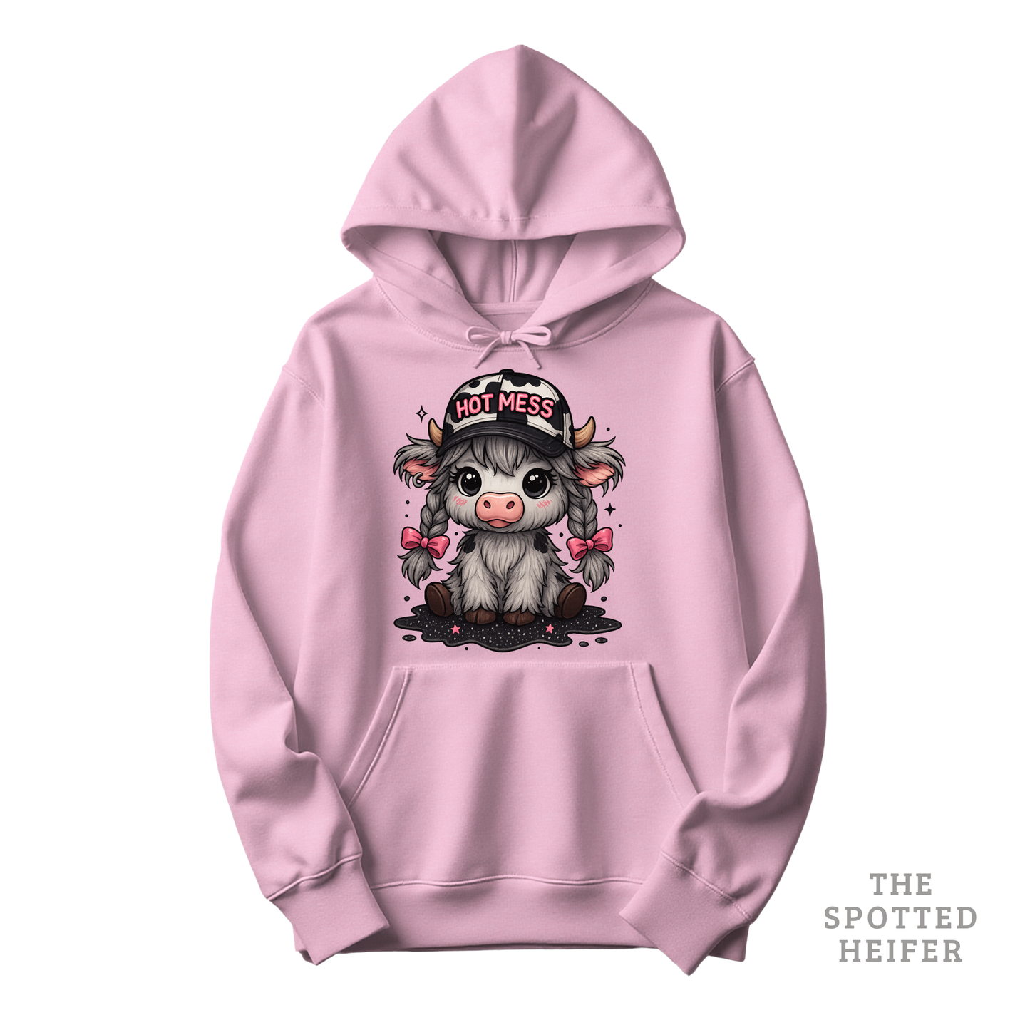 Light pink hoodie featuring Hot Mess cow design with pink bows, braids, and cow-print hat, The Spotted Heifer.