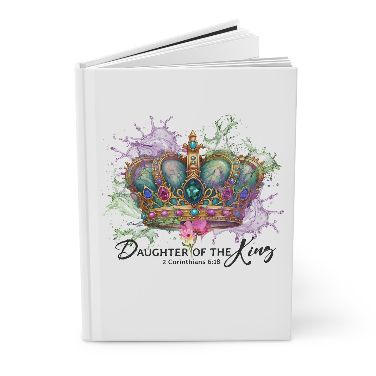 Christian faith journal opened slightly showing crown cover with “2 Corinthians 6:18” verse – The Spotted Heifer