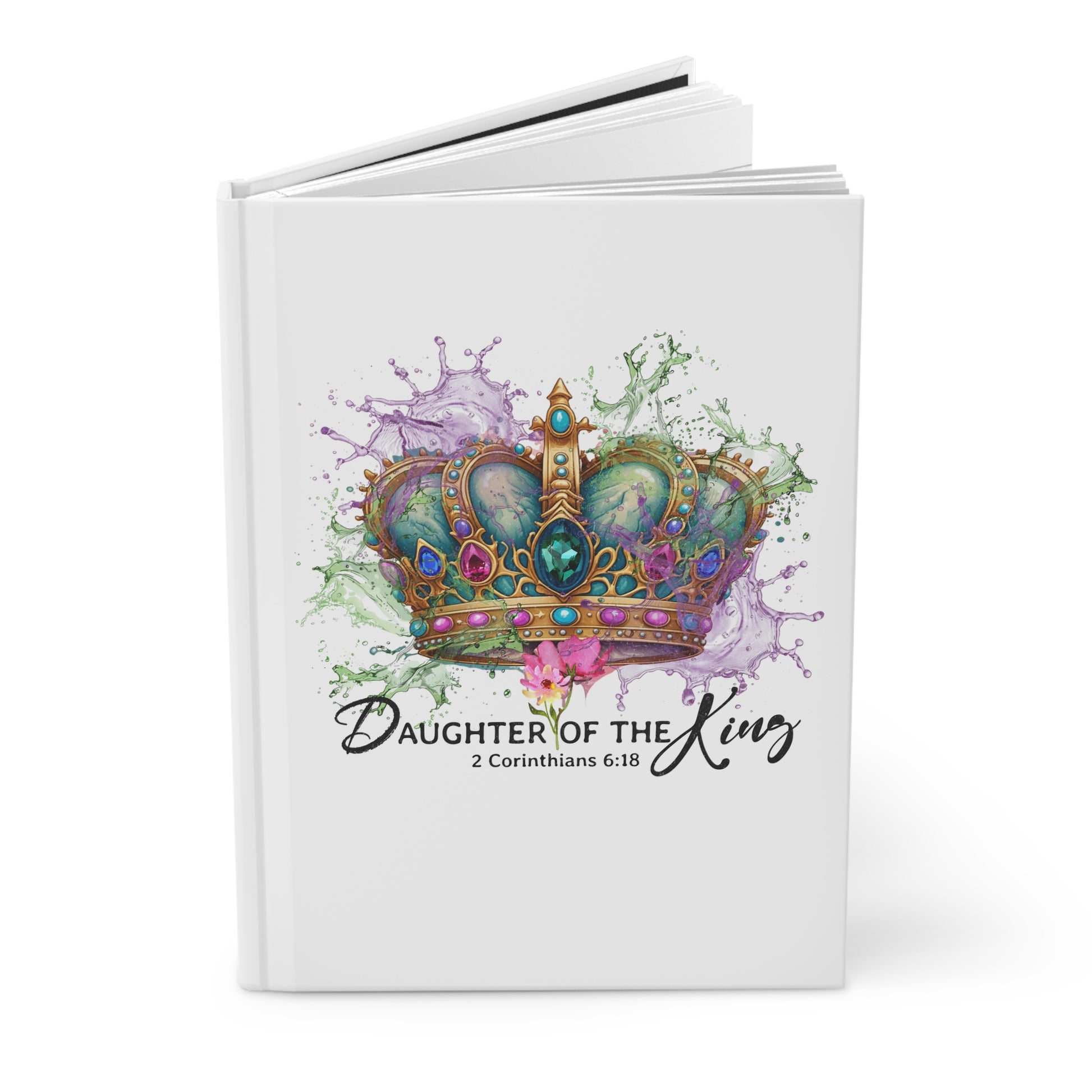 Christian faith journal opened slightly showing crown cover with “2 Corinthians 6:18” verse – The Spotted Heifer