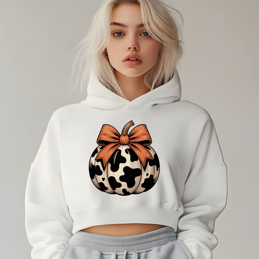 Cow Print Pumpkin Cropped Hoodie | Fall Cozy Sweatshirt | Trendy Autumn Outfit