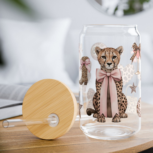 Cheetah Glass Can Cup🎀 – 16oz Iced Coffee Glass with Bow Design, Girly Aesthetic Drinkware✨