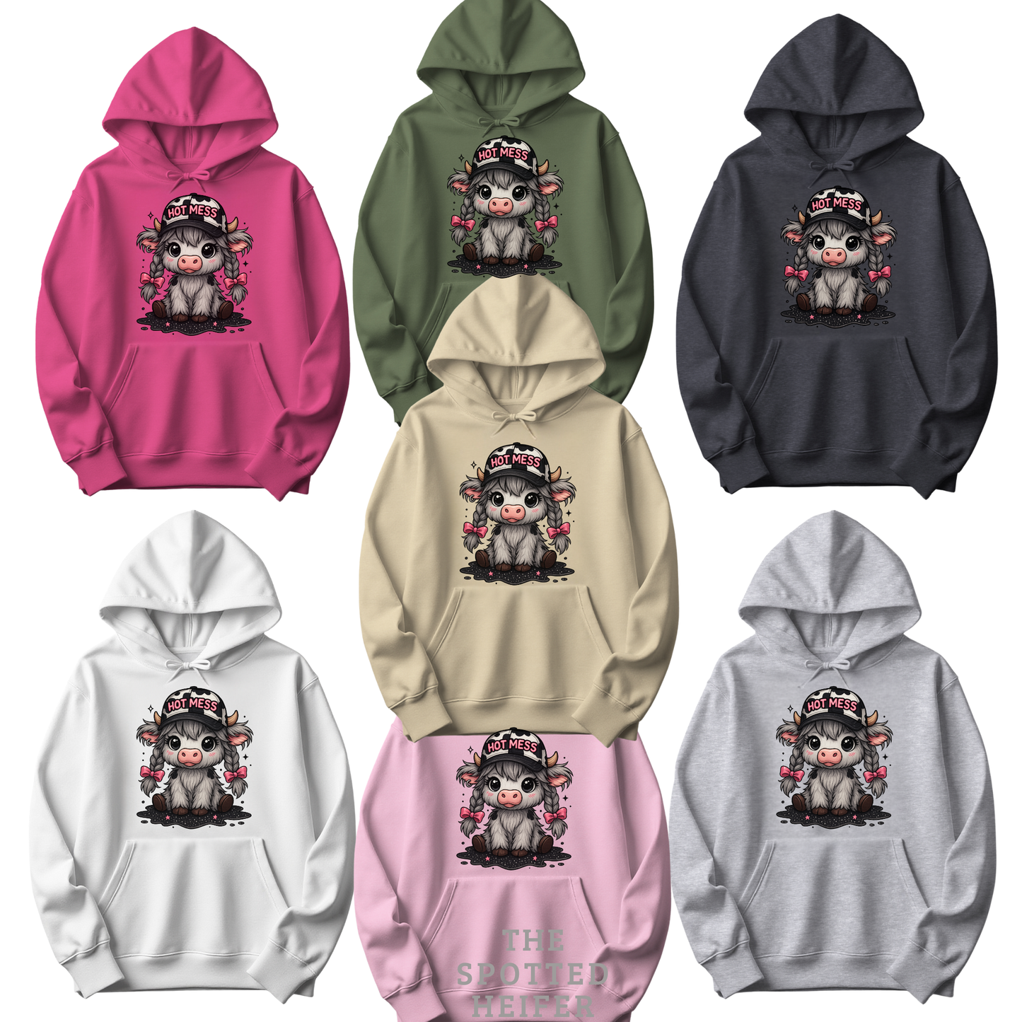 Hot Mess cow hoodies in white, sand, sport grey, dark heather, and heliconia colors, The Spotted Heifer.