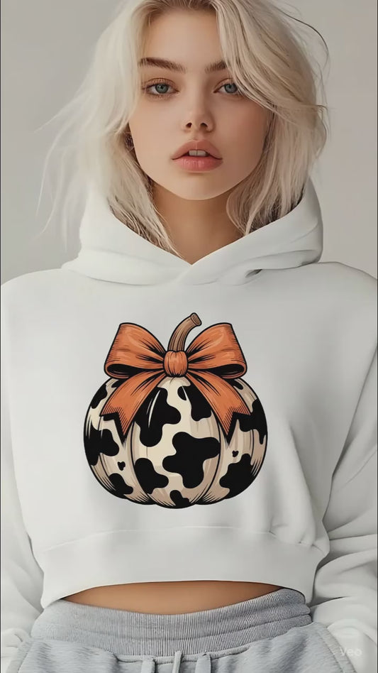 Cow Print Pumpkin Cropped Hoodie | Fall Cozy Sweatshirt | Trendy Autumn Outfit